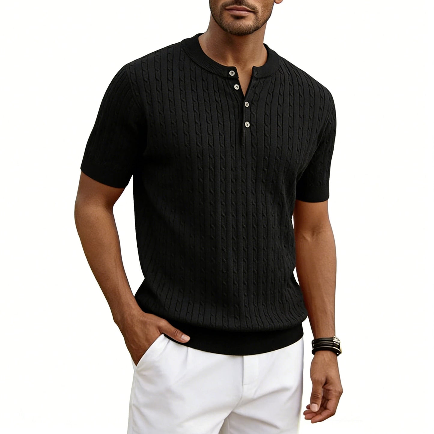 Men's Henry Collar Knit Sweater Short-sleeve T-shirt
