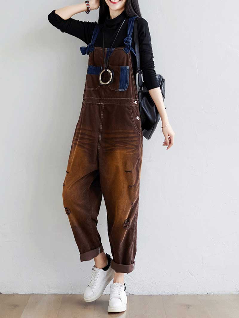 Vintage Washed Denim Dungarees with Knot Straps & Rolled Cuffs