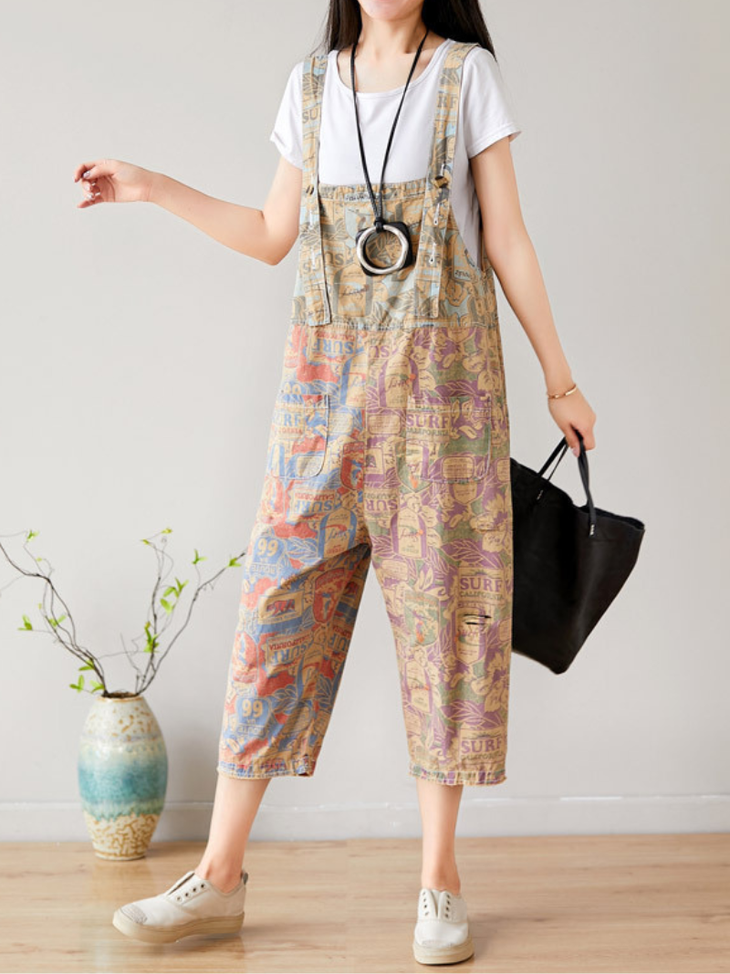 Retro Surf Print Patchwork Dungarees - Cropped Casual Overalls