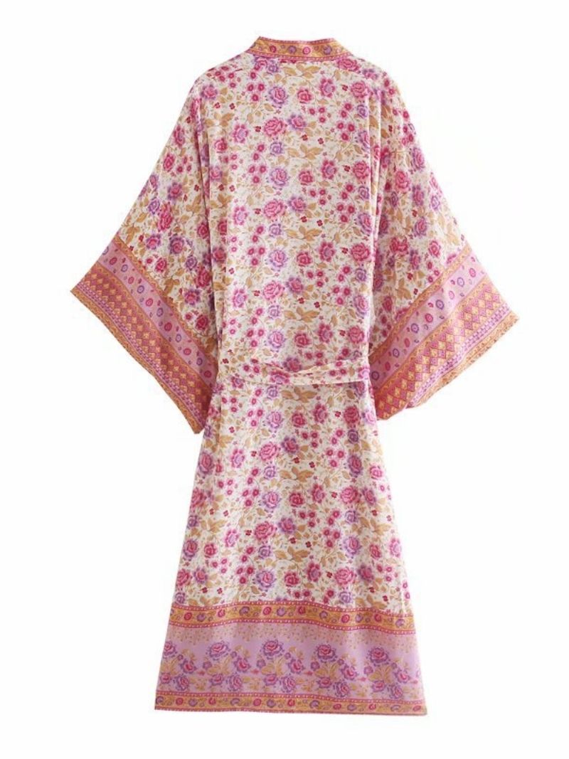 Women's Party Wear Floral Print Pink Color Cotton Long Length Gown Kimono Duster Robe
