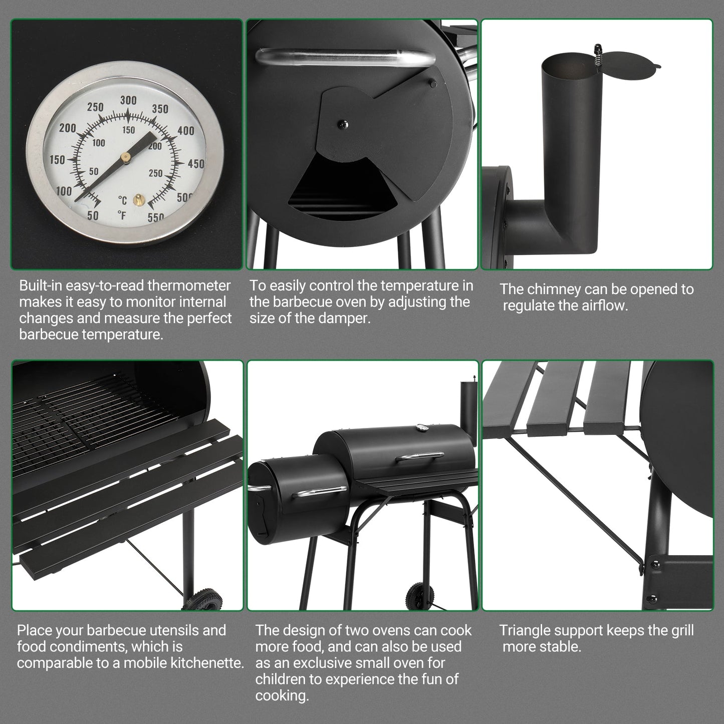 Barrel Charcoal Grill with Offset Smoker – Enamel Rack, Built-In Thermometer, Side Shelf & Wheels