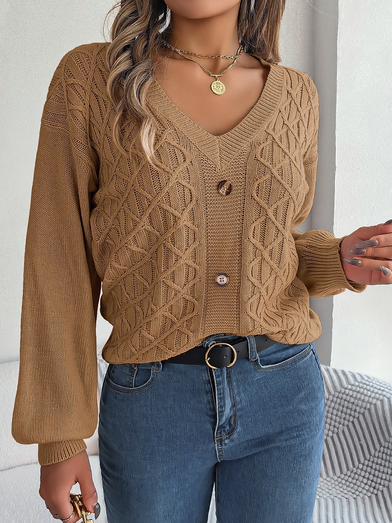 Women's Cable-Knit Puff-Sleeve Pullover Sweater – 4 Colors