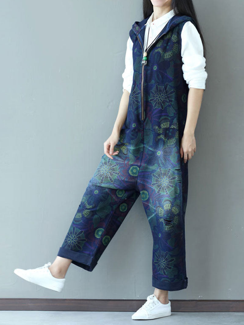 Abstract Floral Zip Dungarees - Sleeveless Rolled-Hem Fit