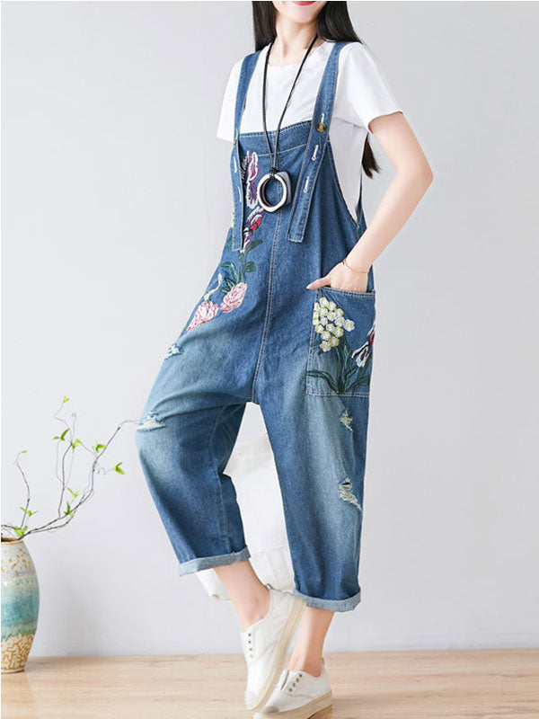 Floral Embroidered Denim Overalls - Relaxed Fit
