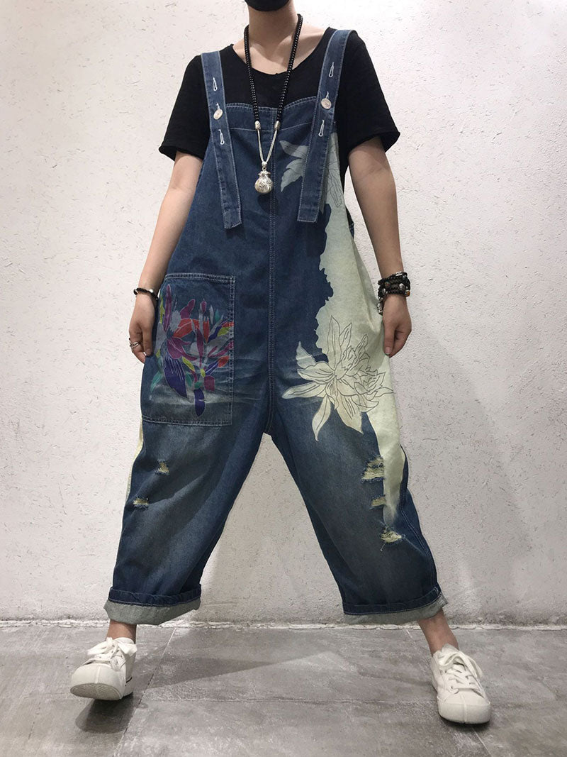 Artistic Floral Denim Dungarees - Distressed Wide-Leg Fit