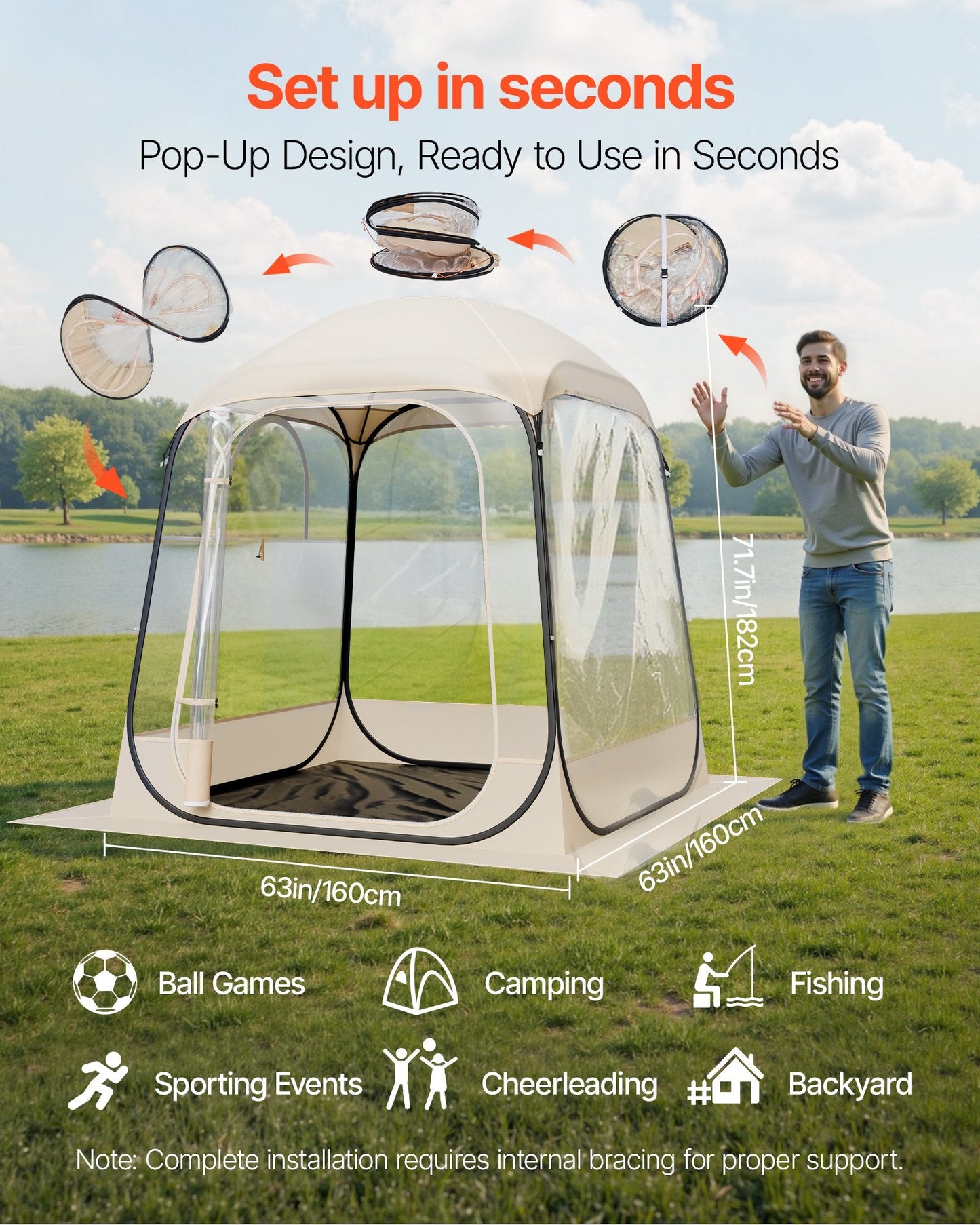 Clear Bubble Pod Tent | 63x63" Pop-Up Igloo Shelter for 2-4 People | Camping & Fishing