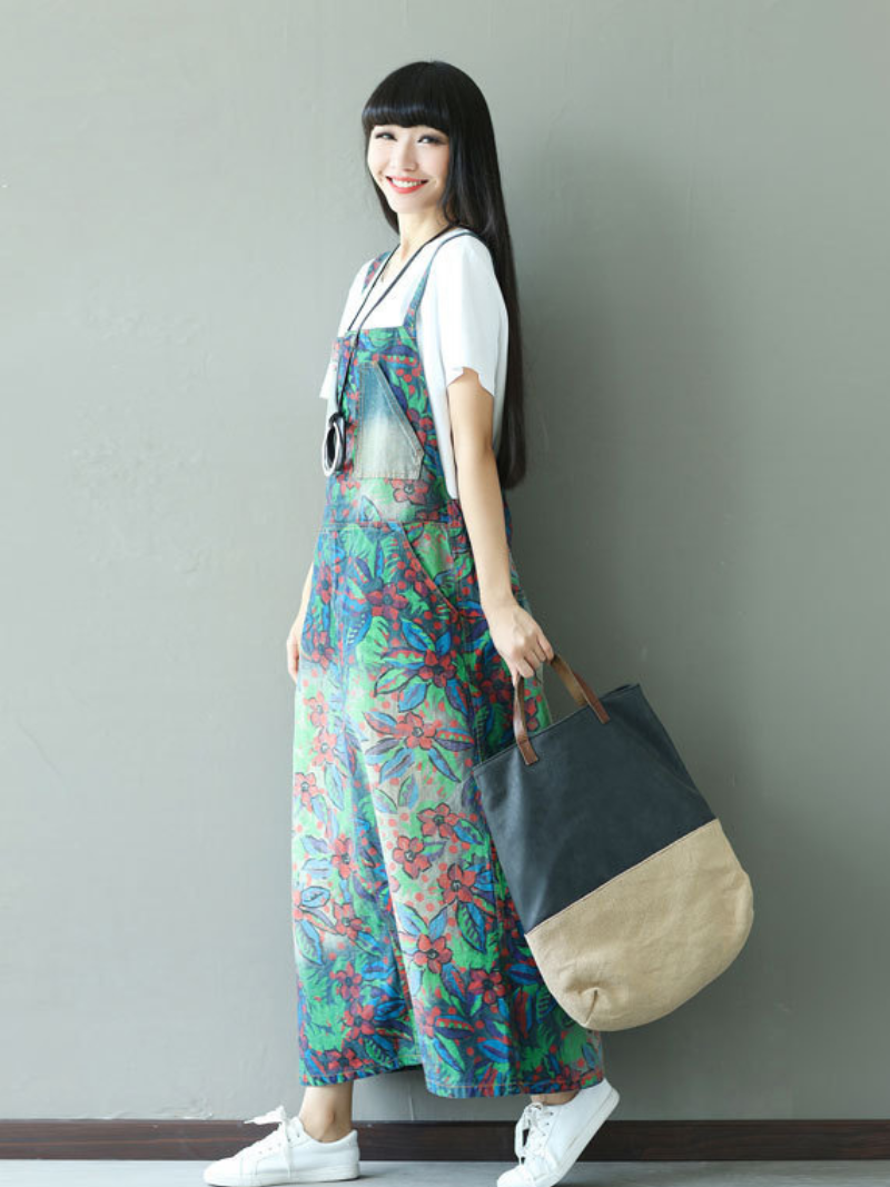 Floral Pinafore Dungaree Dress - Loose Fit Everyday Layering