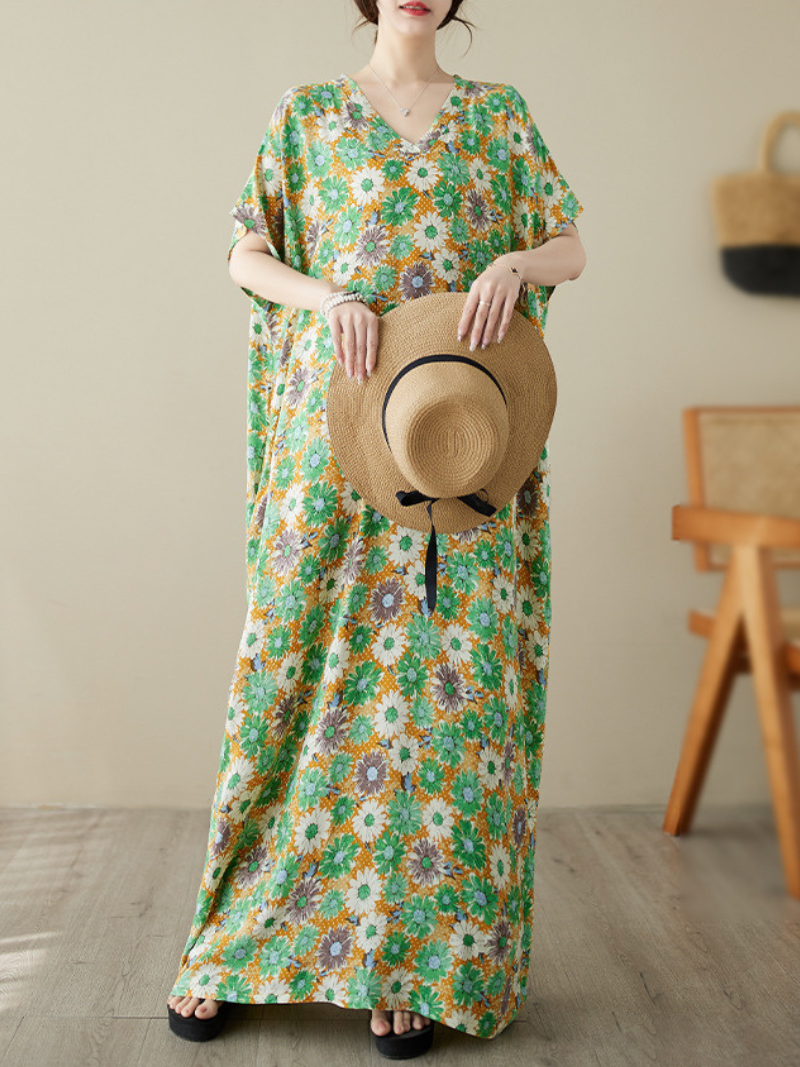 Take My Soul Women's Cotton Bohemian Floral Kaftan Dress