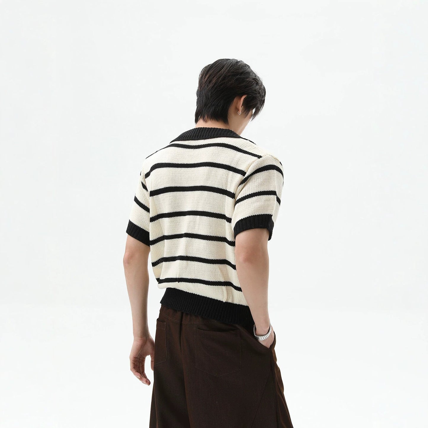 Men's Striped Color-Block V-Neck Knit Short-Sleeve T-Shirt