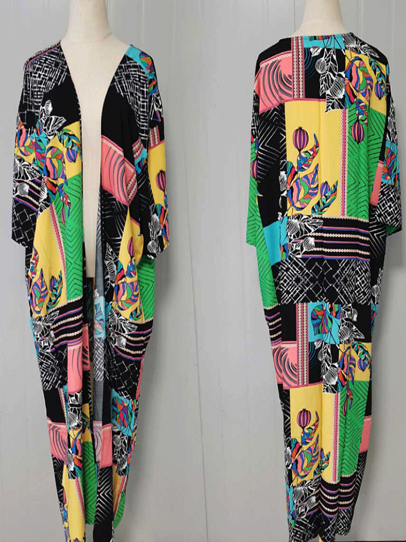 Printed Black Color Polyester Long Length Gown Kimono Duster Robe