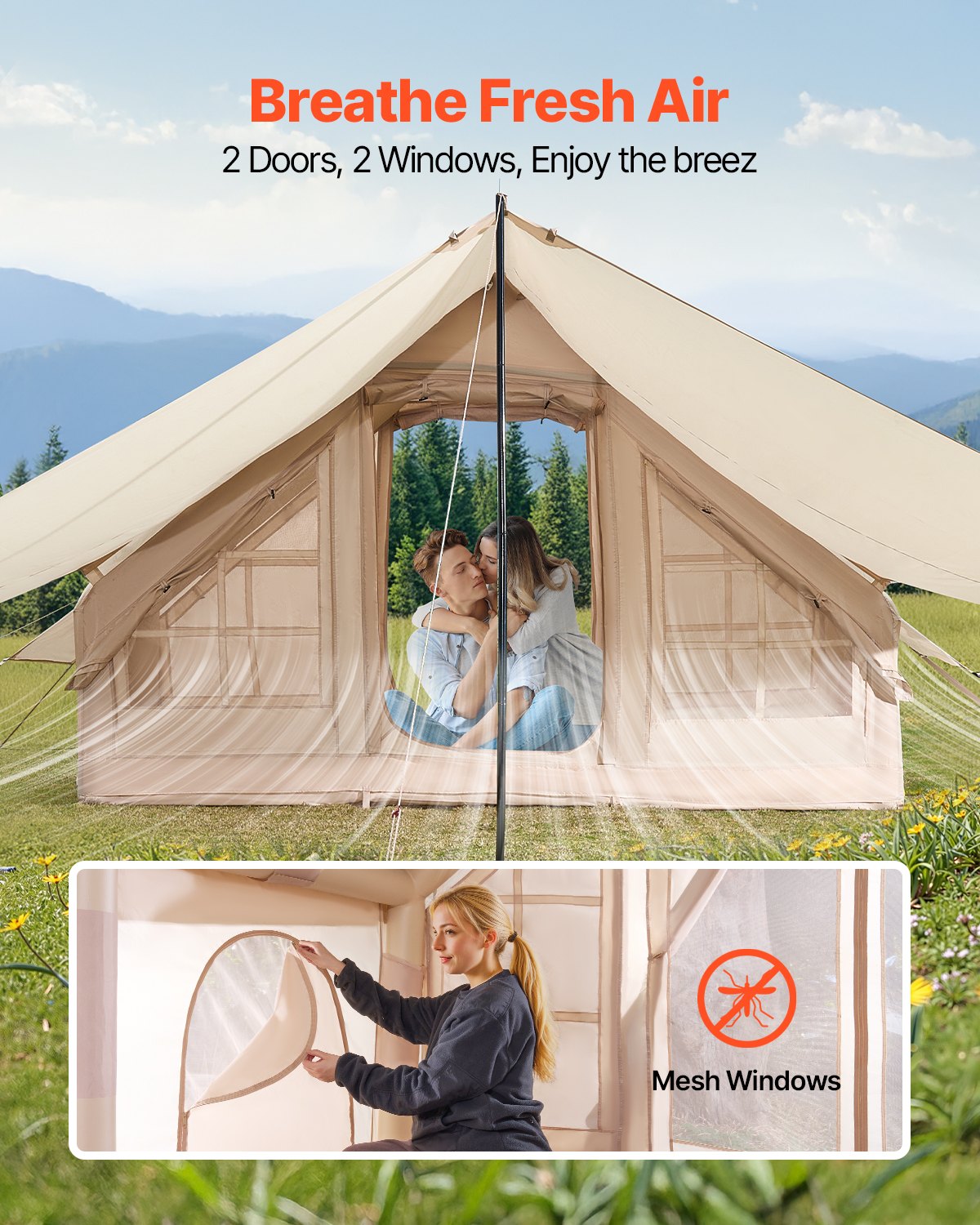 3–5 Person Inflatable Glamping Tent with Canopy – 4-Season 300D Oxford Tent with Stove Jack & AC Port