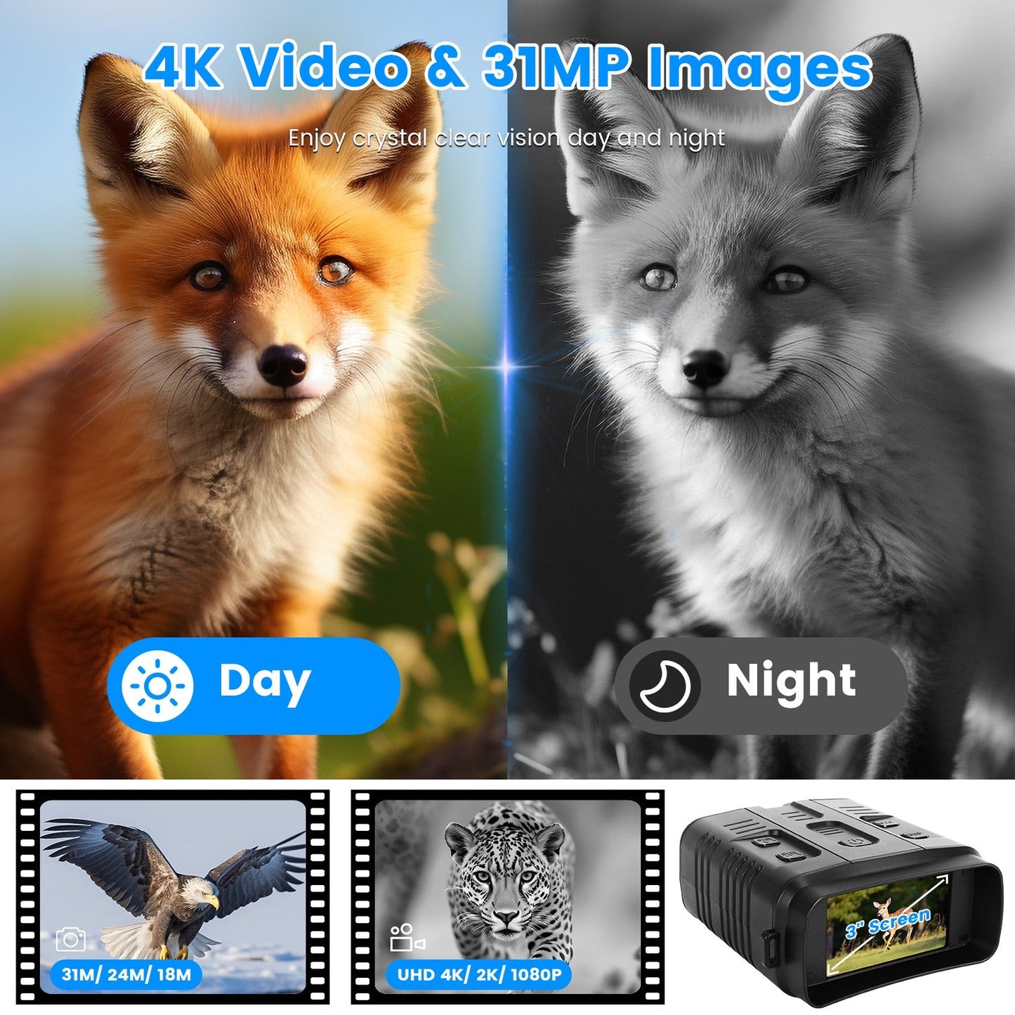 4K Night Vision Goggles – 10x Optical Zoom, 31MP, 800m IR Range, WiFi App & 3" LCD Screen