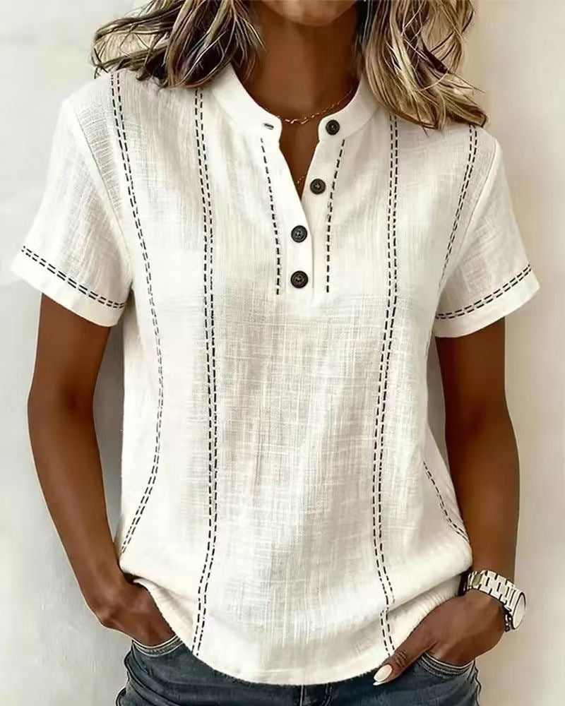 Women's Striped Short-Sleeve V-Neck Button Blouse – Minimalist Casual Top