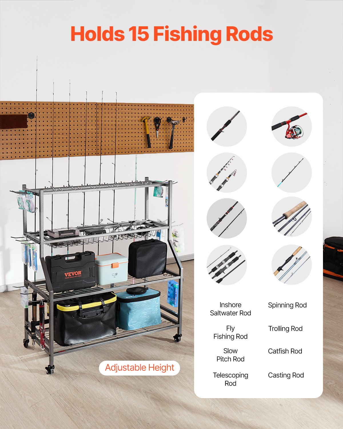 Mobile Fishing Rod Rack Cart — Holds 15 Rods