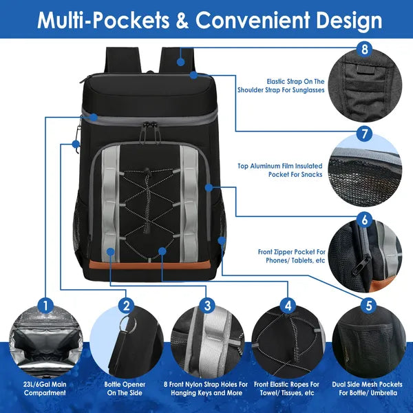 Insulated Cooler Backpack 36-Can | 25L Leakproof with Bottle Opener – Grey