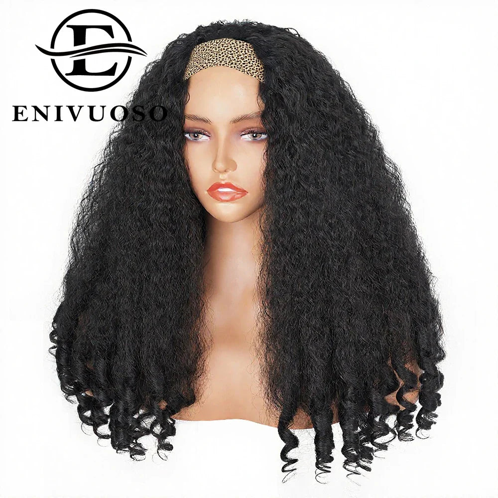 Afro Kinky Straight Headband Wigs For Black Women 22 Inch Natural Black Short Afro Yaki Straight Wigs With Headband Bouncy Curly