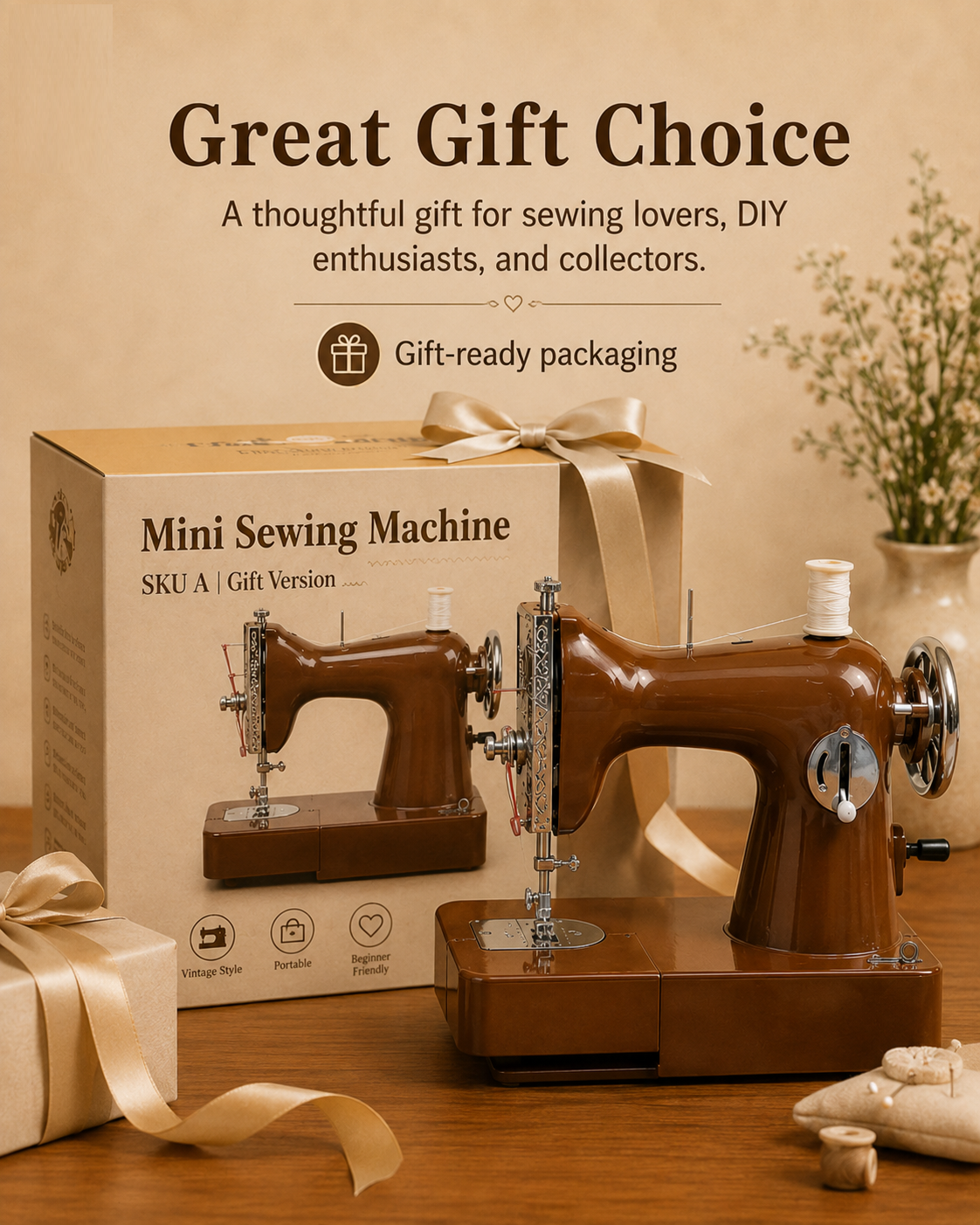 Retro Mini Sewing Machine | Compact Electric Sewing Kit for Clothing Repair, DIY Craft & Home Decoration