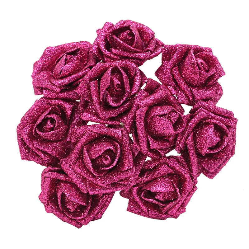 10pcs 6.5cm Glitter Foam Rose Artificial Flower Bridal Bouquet Fake Flower DIY Wreath Craft Christmas Wedding Party Home Decor