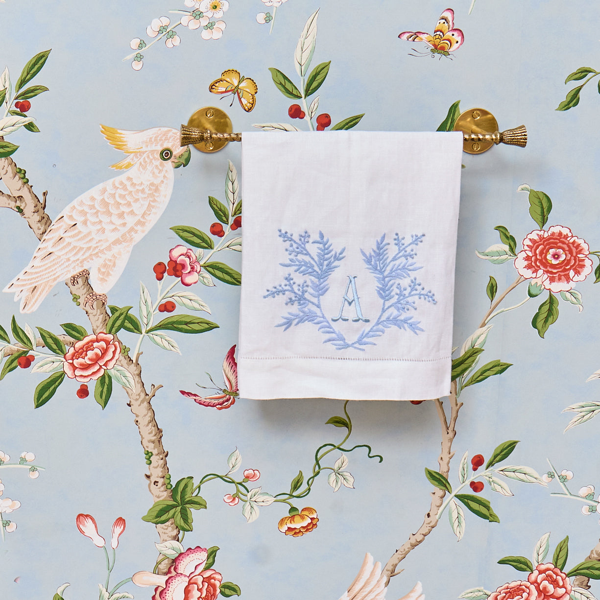 White & Blue Garland Embroidered Linen Hand Towel