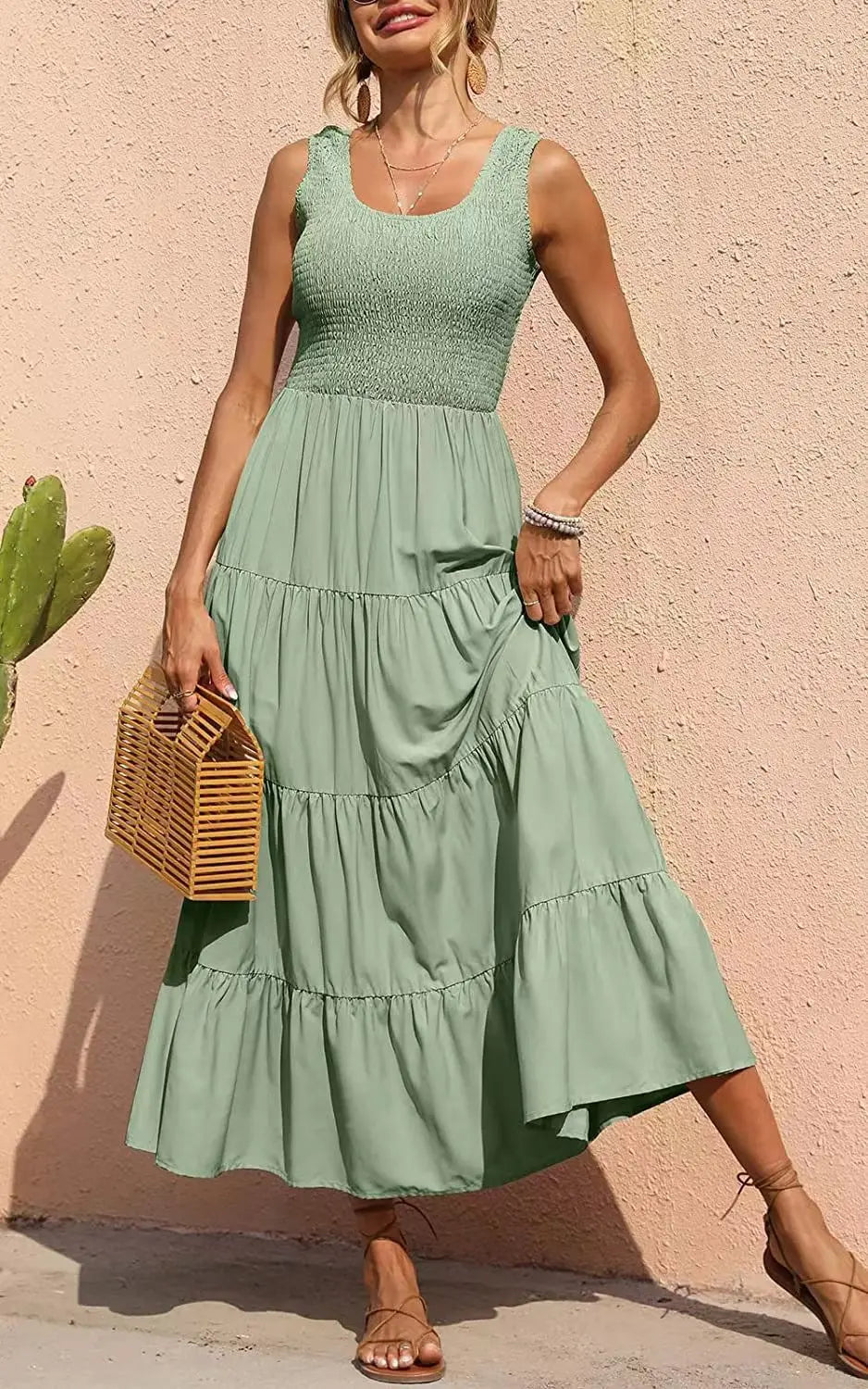 Dresses For Women 2024 Summer Sexy Elegant Sleeveless Floral Solid Color Long Dress Fashion Elastic Waist Beach Party Big Swing