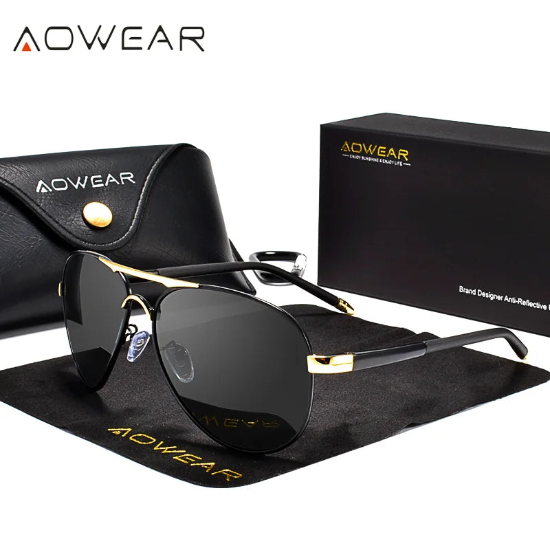AOWEAR Men's Aviation Sunglasses Men Polarized Mirror Sunglass for Man HD Driving Pilot Sun Glasses