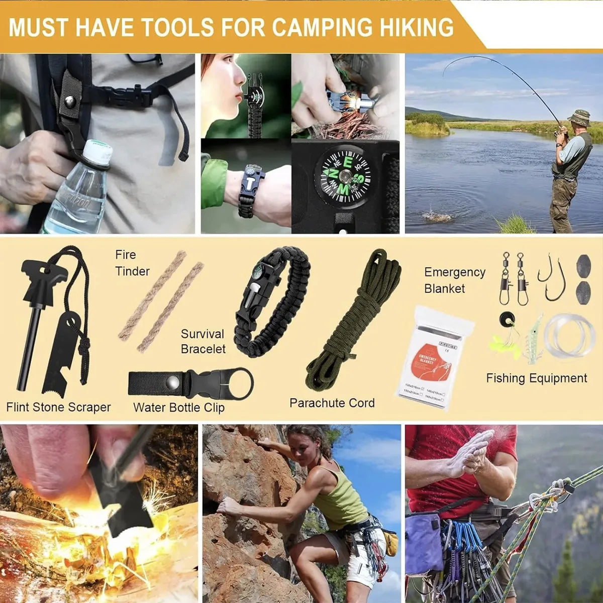 142-Piece Camping Survival Kit – First Aid, Fishing & Survival Gear with MOLLE Pouch