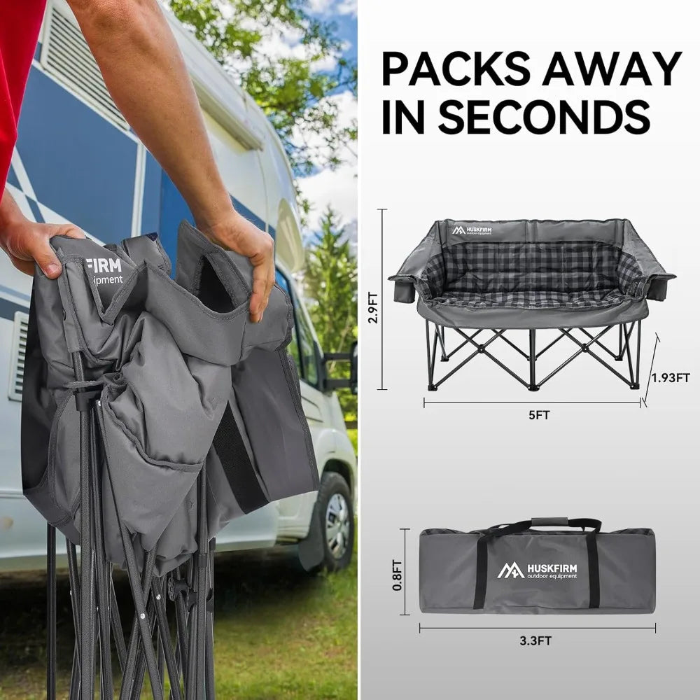 Double Camping Loveseat Chair – 800lb Capacity, Padded, Foldable with Cup Holders