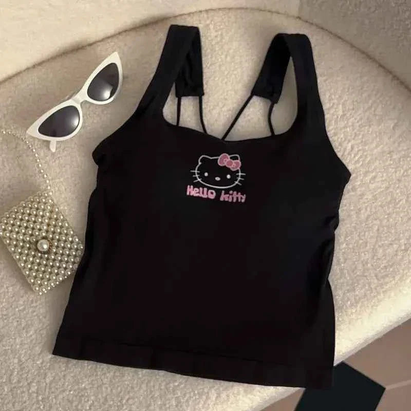 Summer Cute Girly Style HelloKitty Printed Suspender Vest with Chest Pad Slim Pinch Waist Versatile Vintage Top