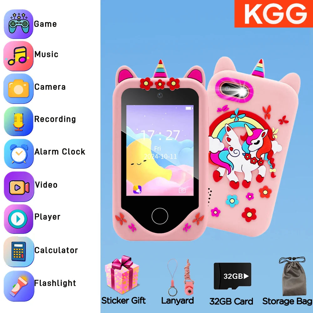 32GB Kids Smart Phone 2.8'' IPS Mini Toy Phone Music Player 28 Games Alarm Clock Flashlight Dual Camera Educational Funny Toys