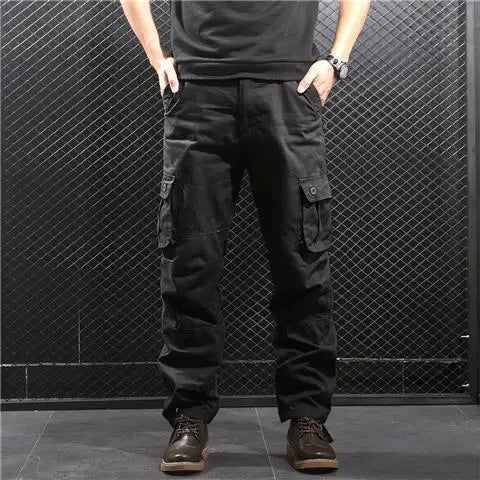 Men's Cotton Cargo Pants – Loose Fit, Multi-Pocket, Camo & Black, Waist 31-36