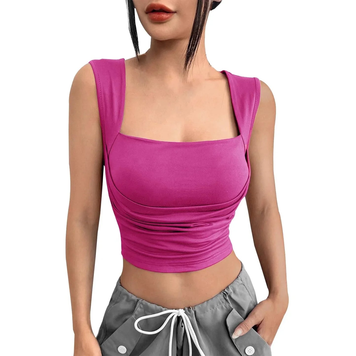 Korean Fashion Tank Crop Tops Women's Slim Fit Short Sexy Blouse Solid Square Neck Push Up Camisole Streetwear Y2k Tops футболка