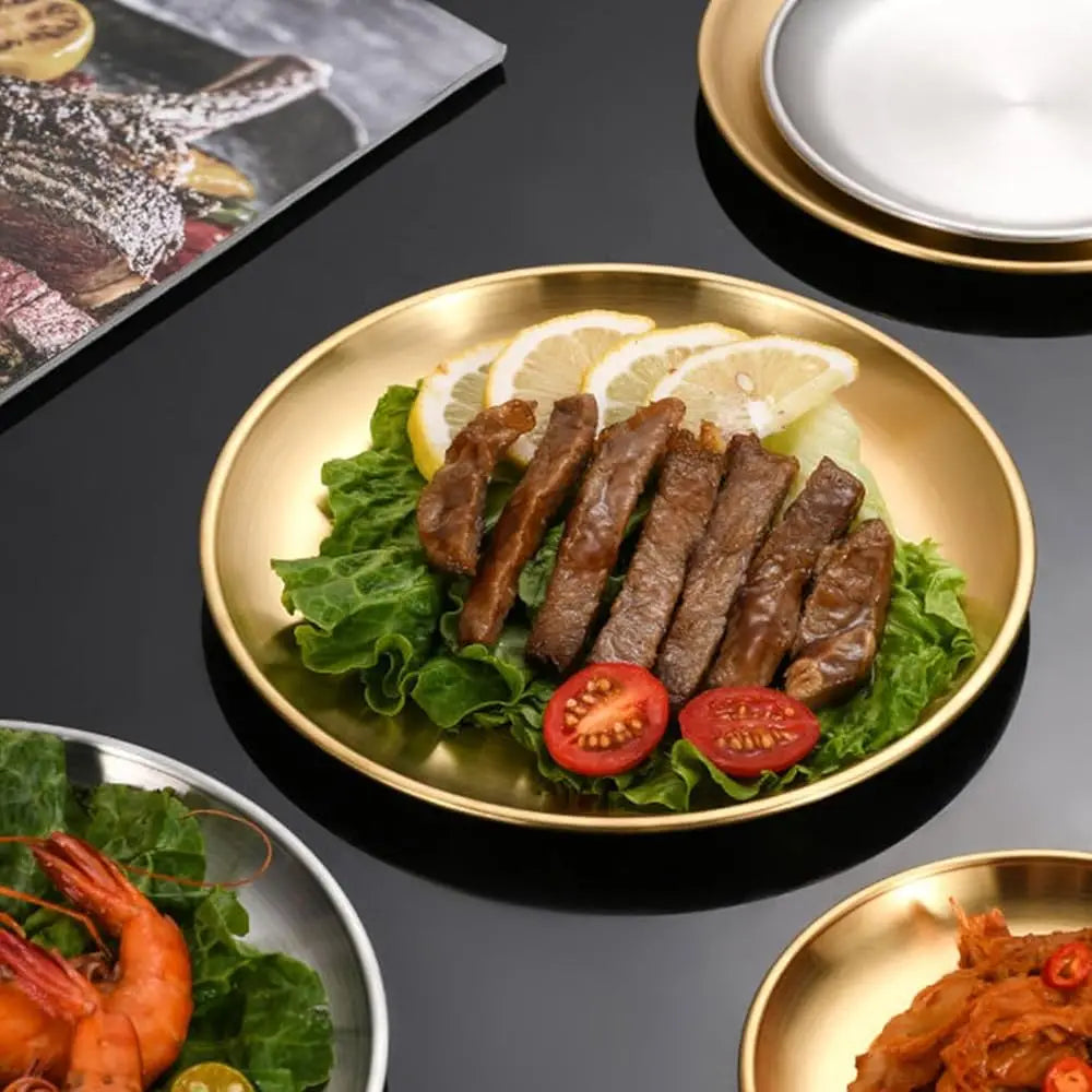 Gold Stainless Steel Dinner Plates – 304 Steel, 9-Inch, Set of 10, Dishwasher Safe