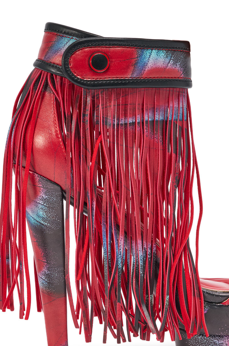 AKIRA GOLD PRINTED PU FRINGE STILETTO SANDAL
