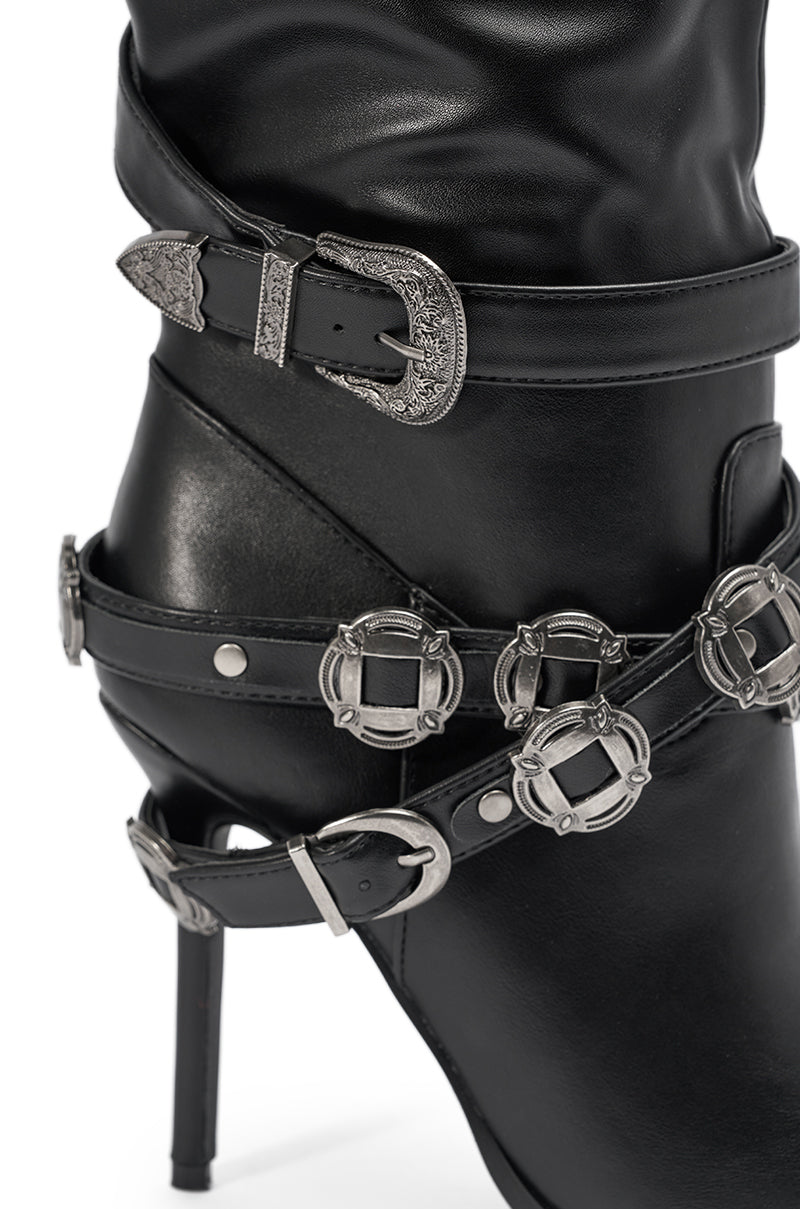AKIRA GOLD XERXES BLACK STILETTO METAL EMBELLISHED BOOT