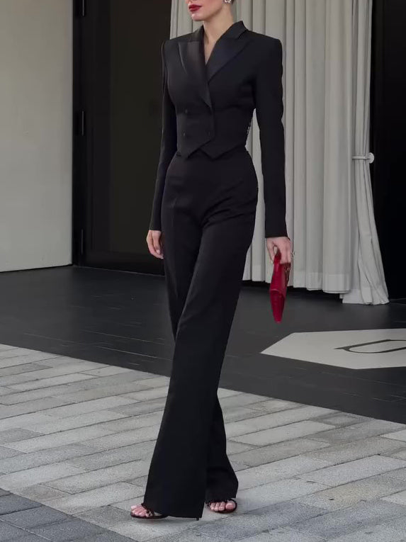 Black Backless Beaded Cropped Blazer & High Waist Pants Set