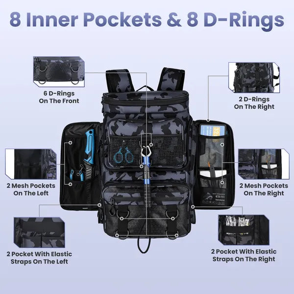 42L Fishing Tackle Backpack with Rod Holders – 16 Pockets, Divider, Water-Resistant, Camo
