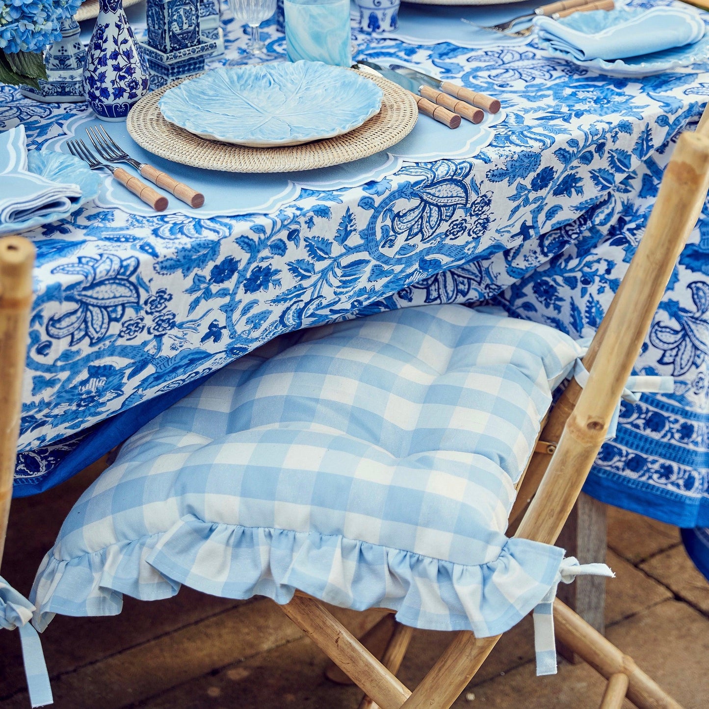 Blue Gingham Ruffle Seat Pad Cushion