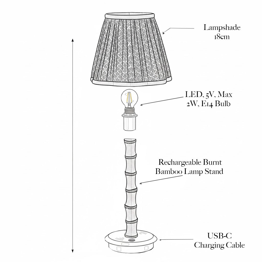 Burnt Bamboo Rechargeable Lamp with Red Velvet Bow Shade (18cm)