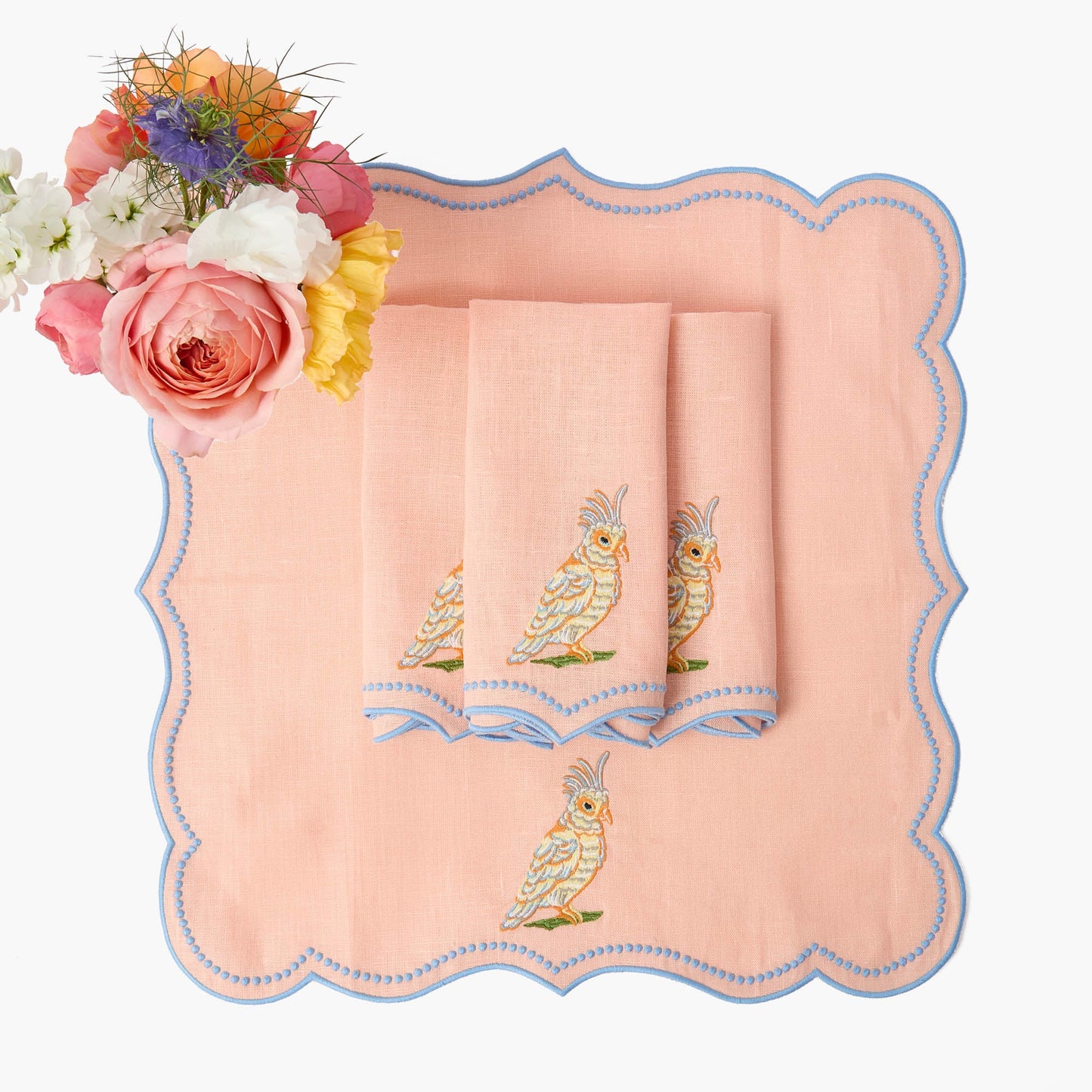 Eloise Coral & Blue Linen Placemats & Parrot Napkins (Set of 4)