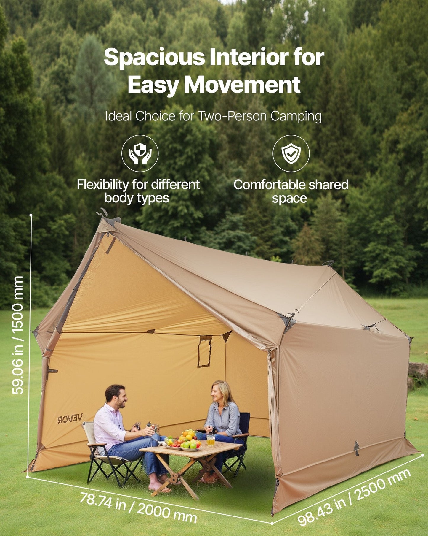 2-Person Cabin Hot Tent with Stove Jack – Pole-Free Lightweight Waterproof 4-Season Tent | Brown