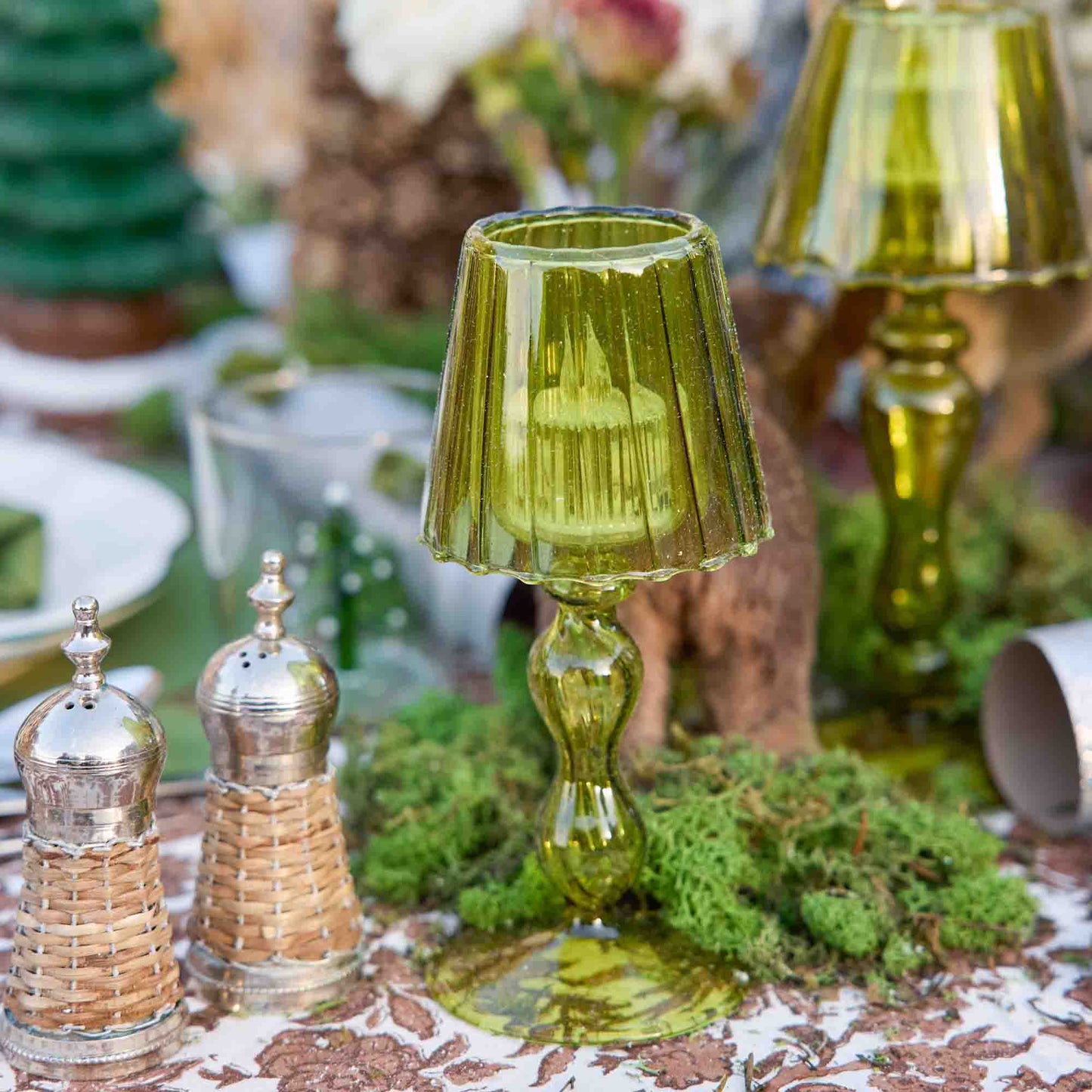 Olive Glass Lantern Tea Light Holder Set