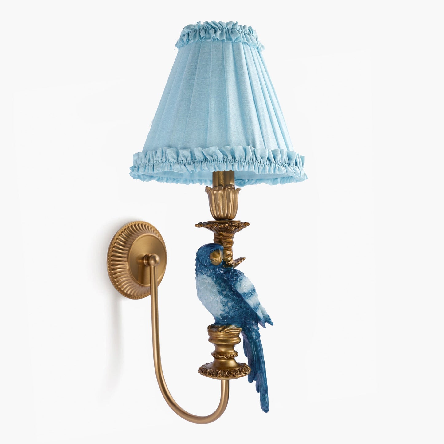 Pair of Blue Parrot Rechargeable Wall Lights with Soft Blue Frilled Silk Shades (18cm)