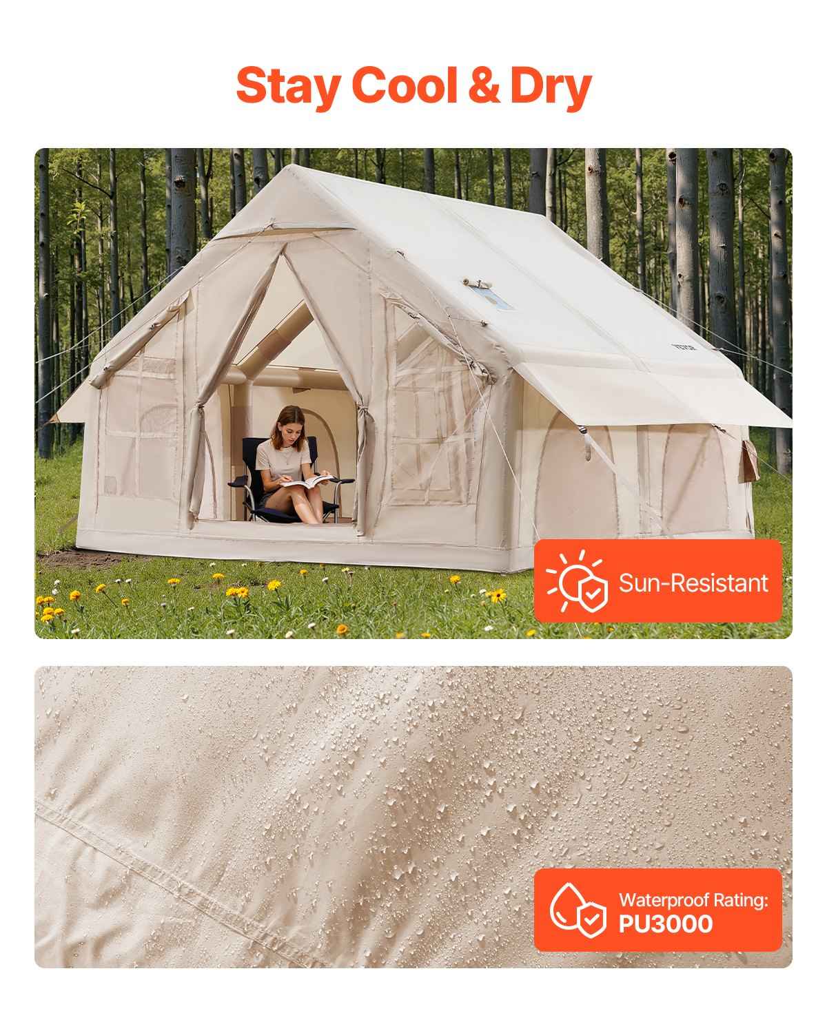 4–6 Person Inflatable Glamping Tent – Easy 15-Min Setup with Hand Pump & Carry Bag | Beige