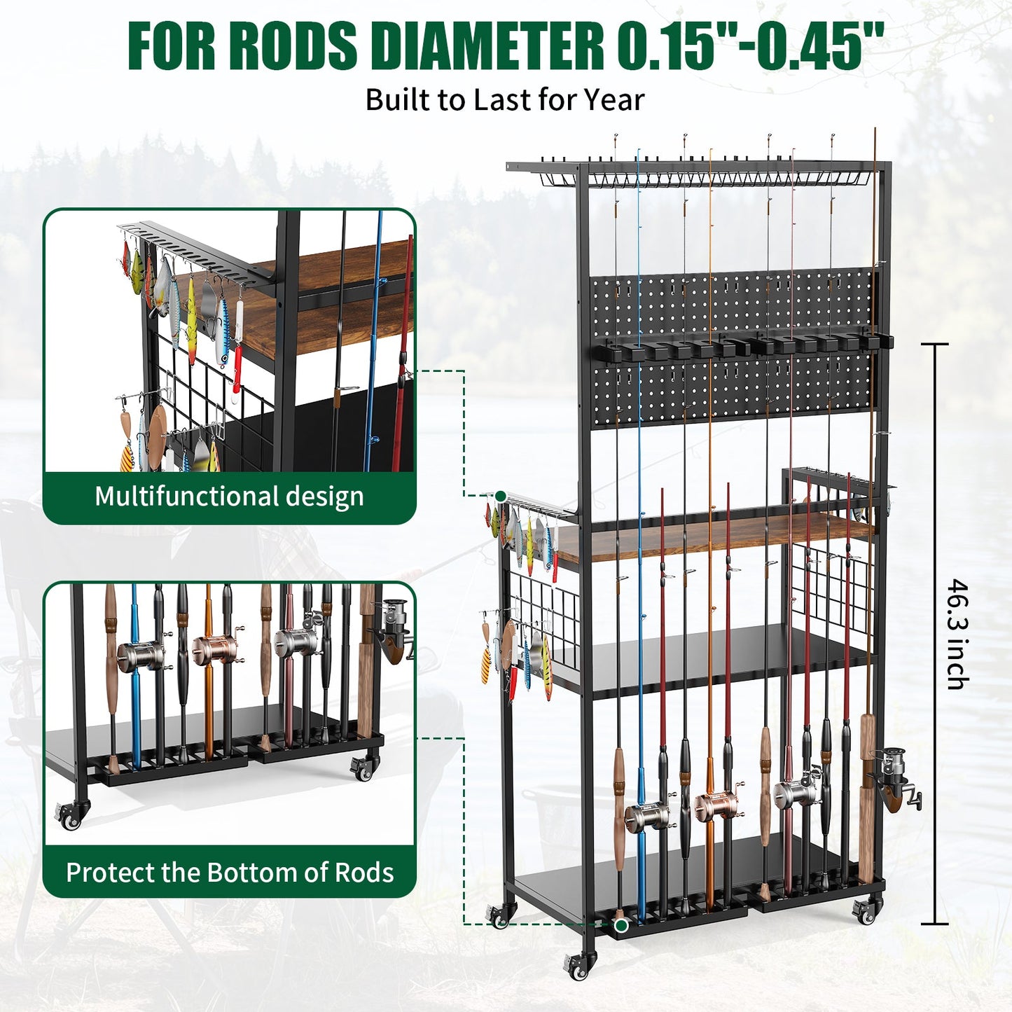 Rolling Fishing Rod & Tackle Organizer Cart with Pegboard – Multi-Tier, Lockable Wheels