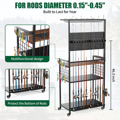 Rolling Fishing Rod & Tackle Organizer Cart with Pegboard – Multi-Tier, Lockable Wheels