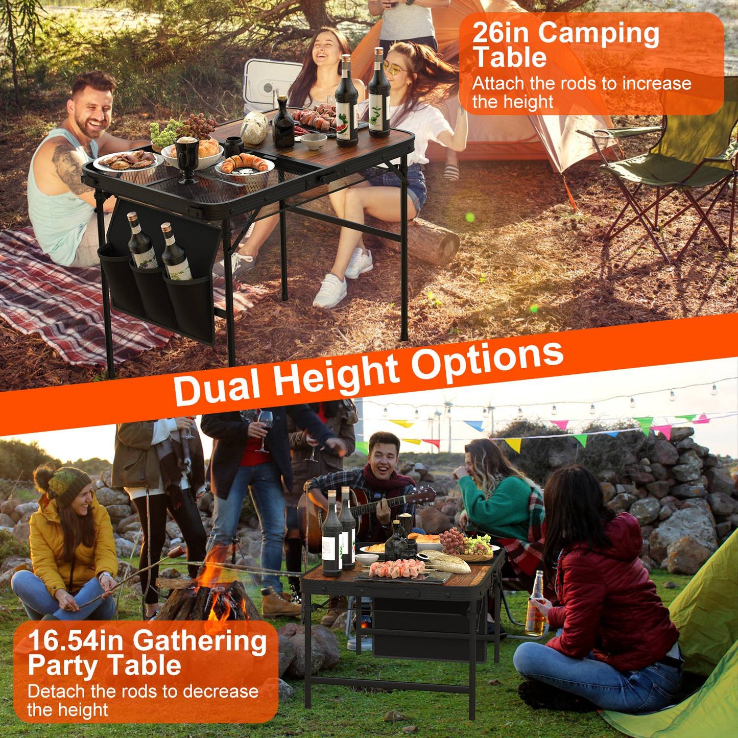 Adjustable Height Folding Camping Table with Hanging Storage Net – 66 lb. Capacity