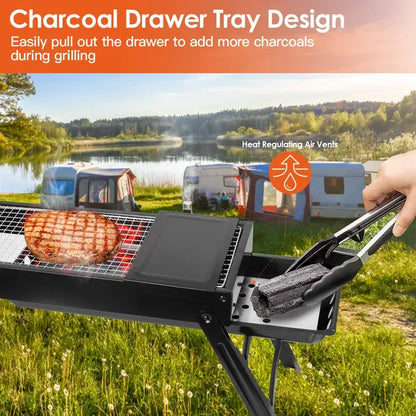 Folding Charcoal BBQ Grill with Charcoal Drawer & Side Shelf – Portable, 4 lbs.