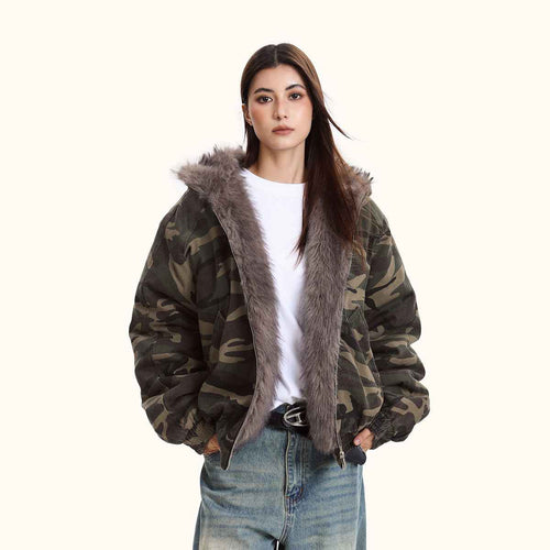 Women's Hooded Camouflage Fleece-Lined Jacket – Warm Outdoor Outerwear