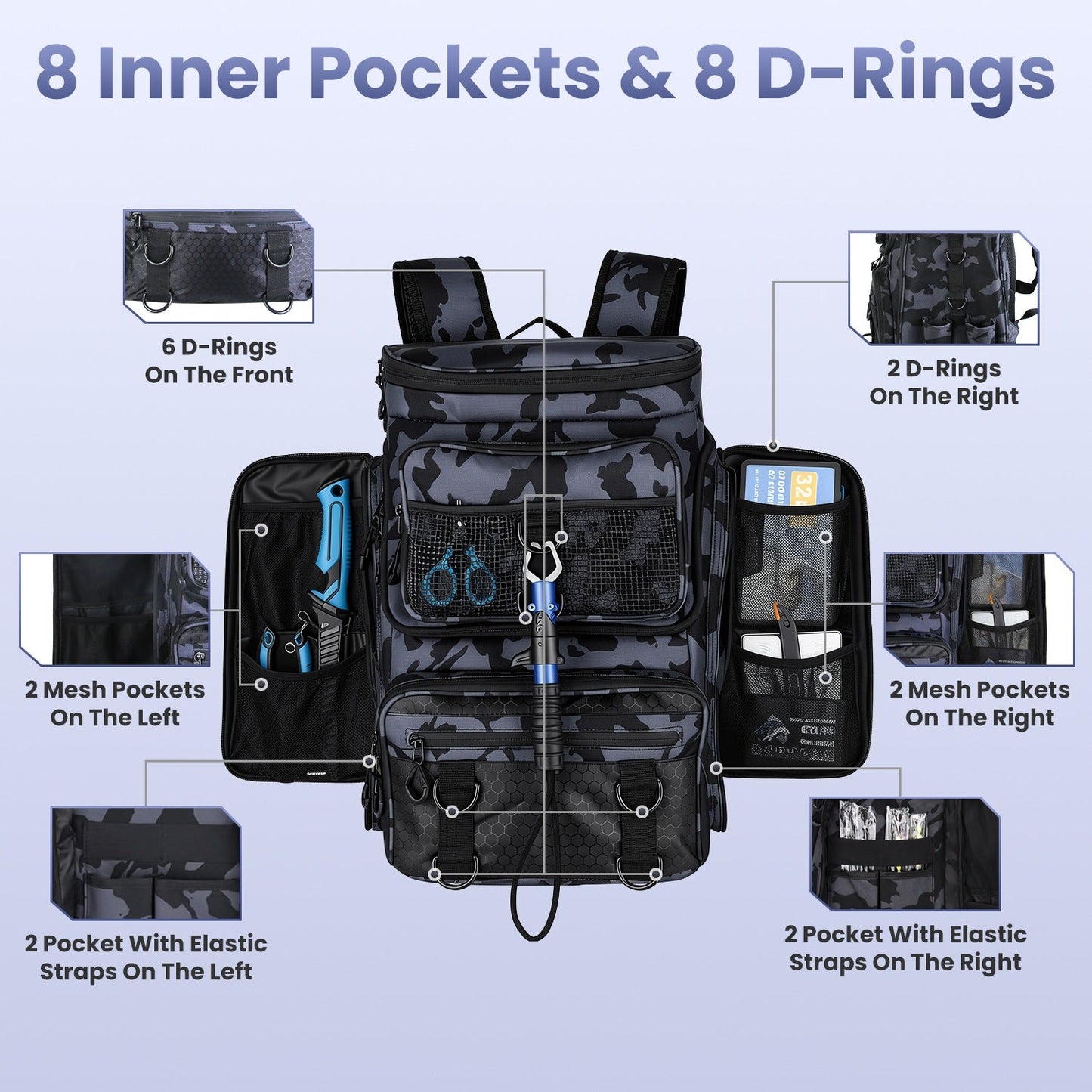 42L Fishing Backpack with Rod Holders & 16 Pockets – Water-Resistant