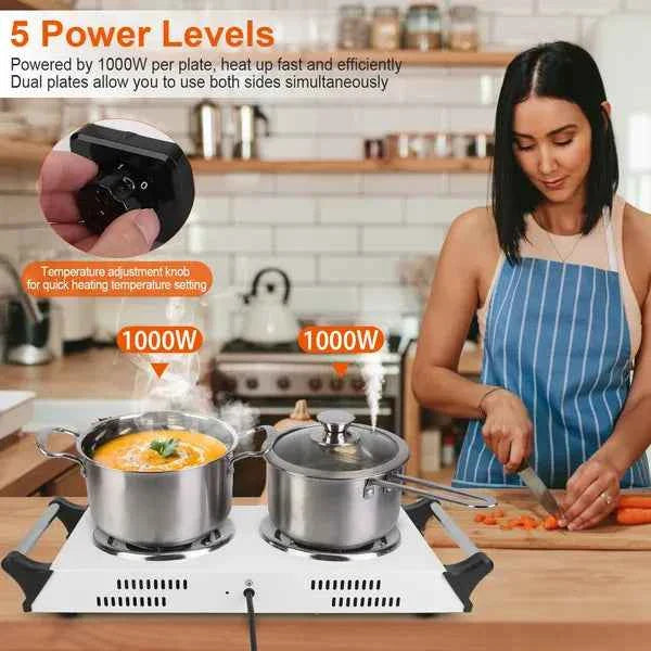 2000W Dual Burner Electric Hot Plate – 5 Temperature Settings, Portable